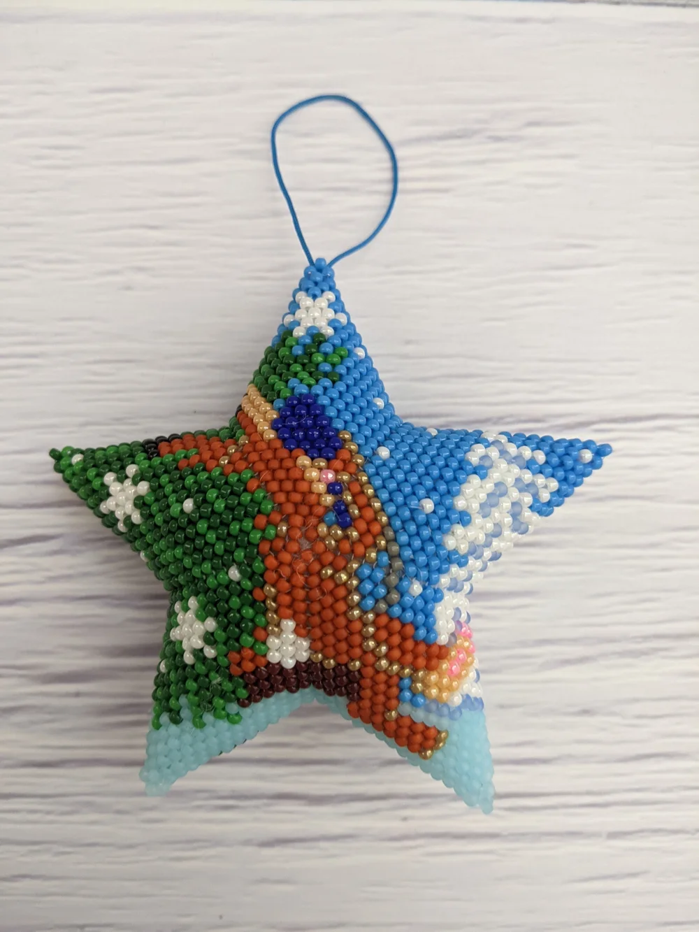 Handmade Blue Beaded Star Holiday Ornament - Cute Bunny Design